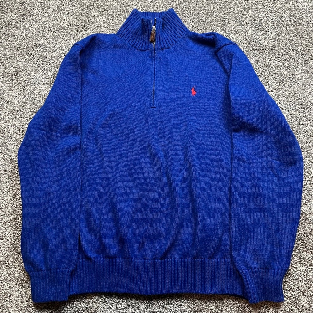 Polo Ralph Lauren sweater mens L Quarter Zip Blue Cotton Knit Red Pony preppy
